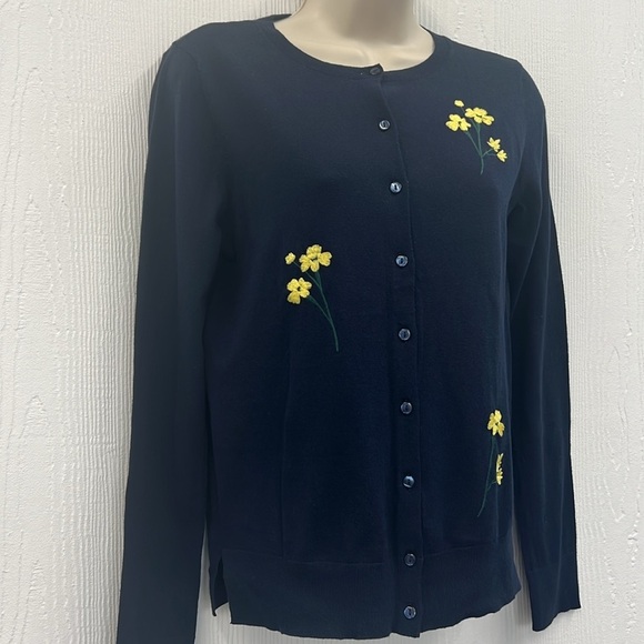 Loft - NWT Navy Embroidered Yellow Flowers Button Down Lightweight Cardigan XS - Picture 4 of 11